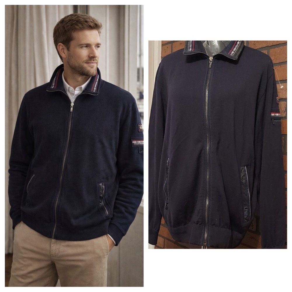 Navy Wool Zip Sweater Jacket Size L Classic Nautical Yachting Style